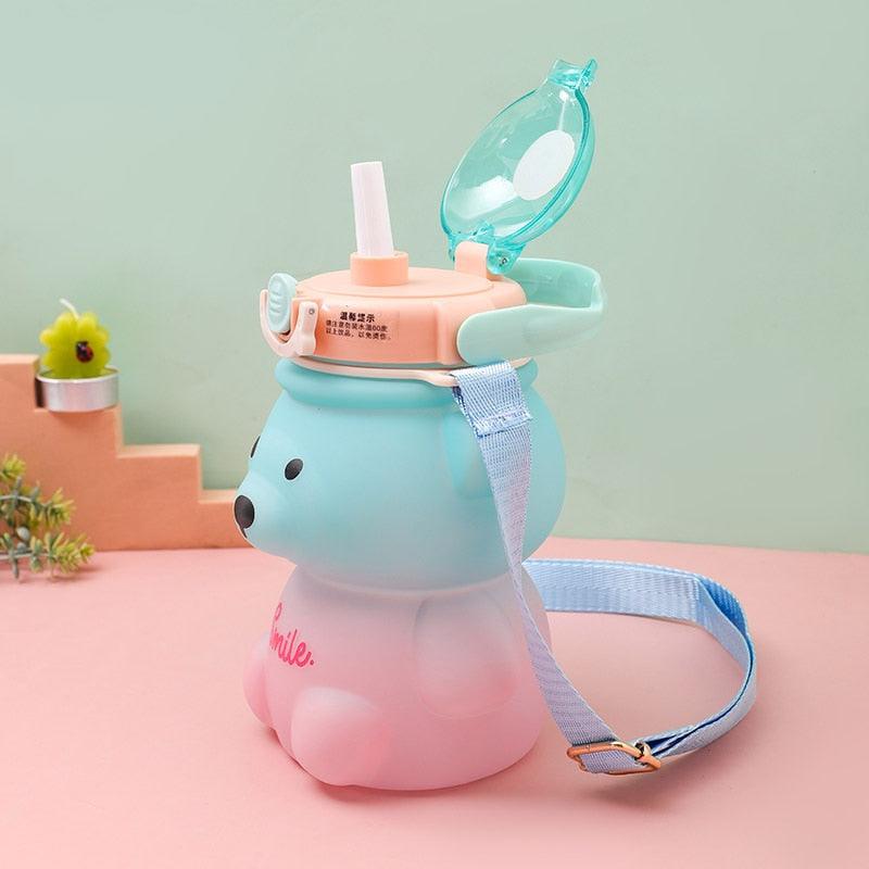 800ML Water Bottle for Kids with Straw Mug Cup Bear Summer Outdoor Sport Plastic Girls School Cute Drinking Cup Bear Water Bottle with Straw and Strap Cute Water Bottles for Kids Drinking Water Bottles Portable Leak Proof
