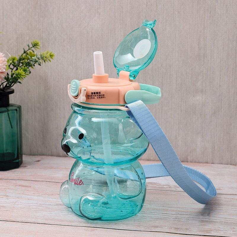 800ML Water Bottle for Kids with Straw Mug Cup Bear Summer Outdoor Sport Plastic Girls School Cute Drinking Cup Bear Water Bottle with Straw and Strap Cute Water Bottles for Kids Drinking Water Bottles Portable Leak Proof