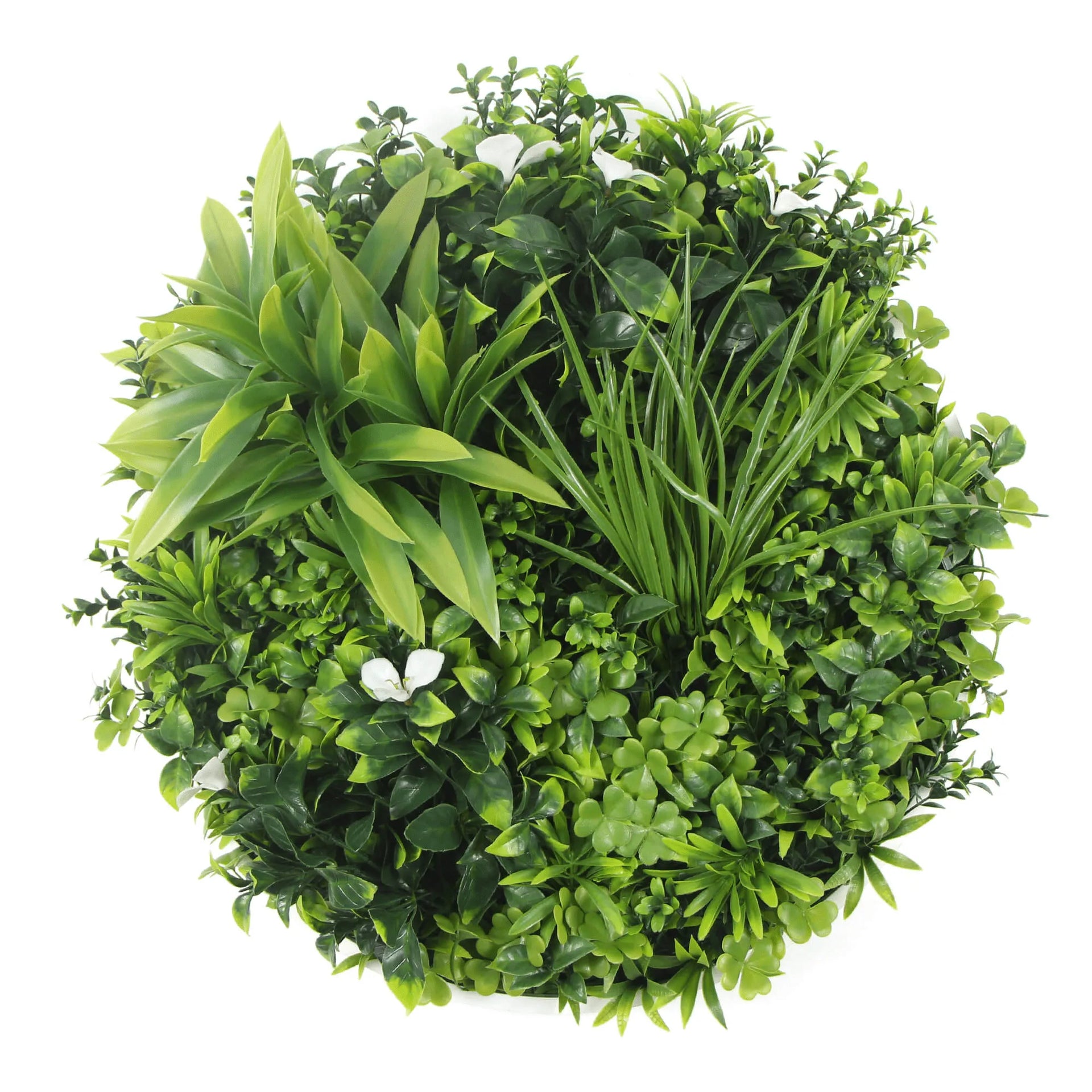 Artificial Green Wall Disc 30in – White Frame – UV Resistant – Commercial Grade