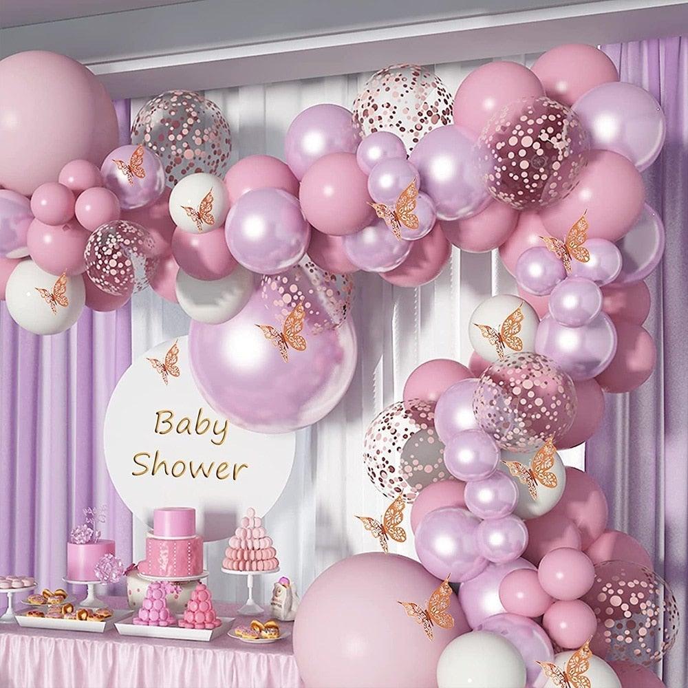 1 Set Pink Purple Chrome Rose Gold Balloon Garland With Butterfly Stickers Arch Kit For Birthday Wedding Party Decorations
