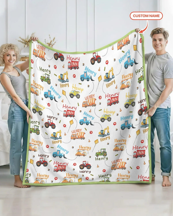 Construction Vehicles Custom Name Bamboo Blanket