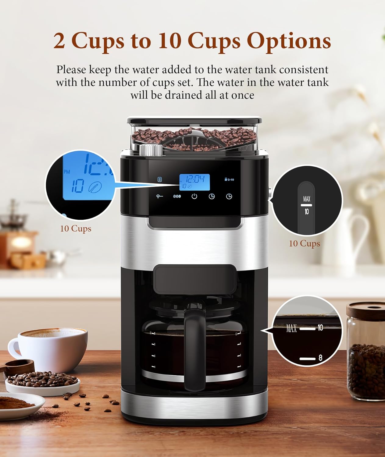 10-Cup Drip Coffee Maker with Built-In Grinde CM8025 Kismile