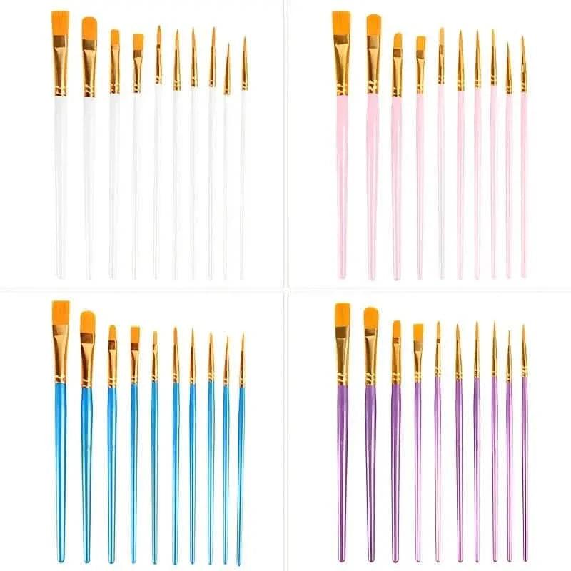 10-Pieces: Artist Paintbrush Nylon Round Pointed Flat Head Set