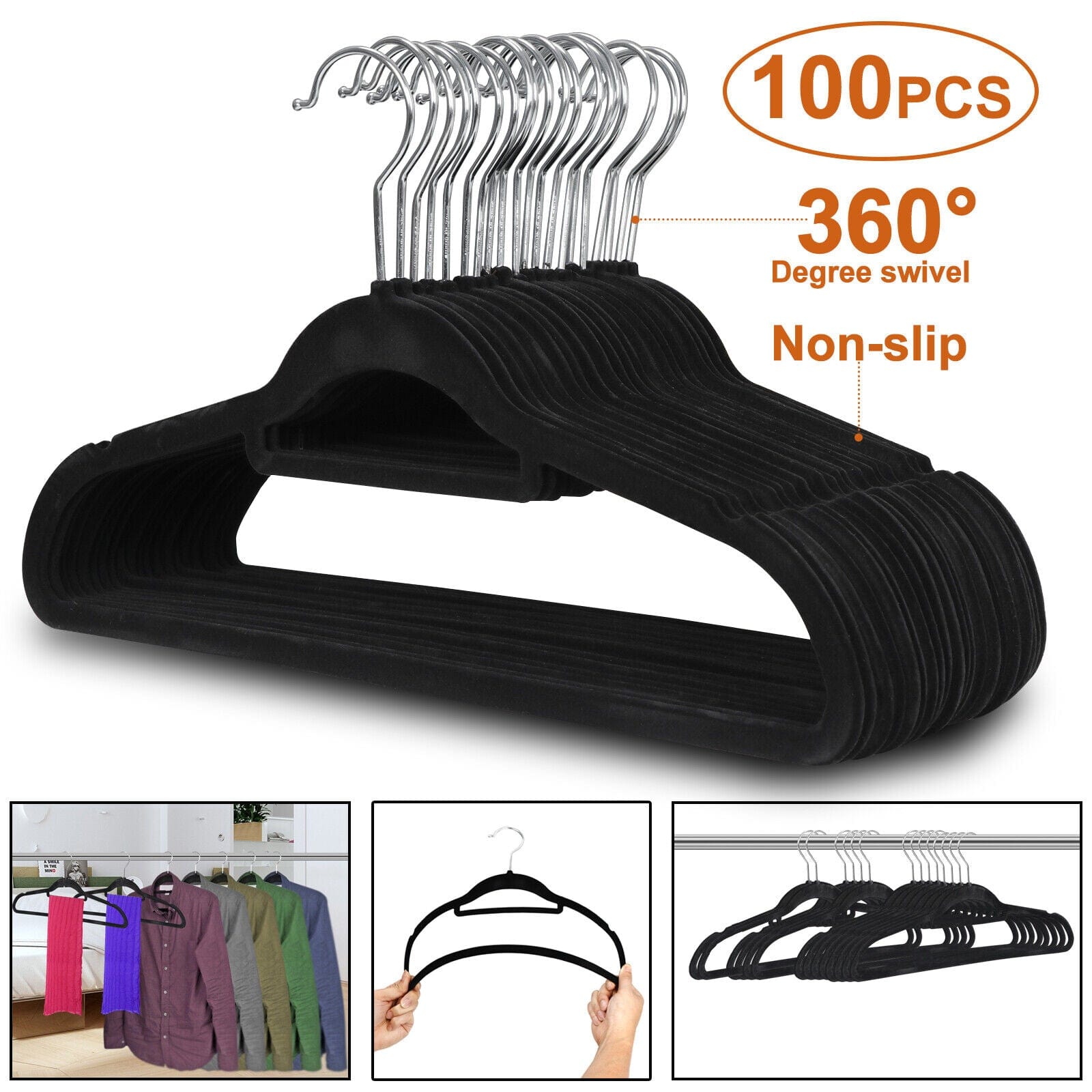 100 Pack Velvet Hangers Flocked Non-Slip Clothes Hangers 360° Swivel Hook Black ebasketonline