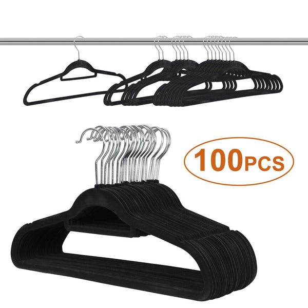 100 Pack Velvet Hangers Flocked Non-Slip Clothes Hangers 360° Swivel Hook Black ebasketonline