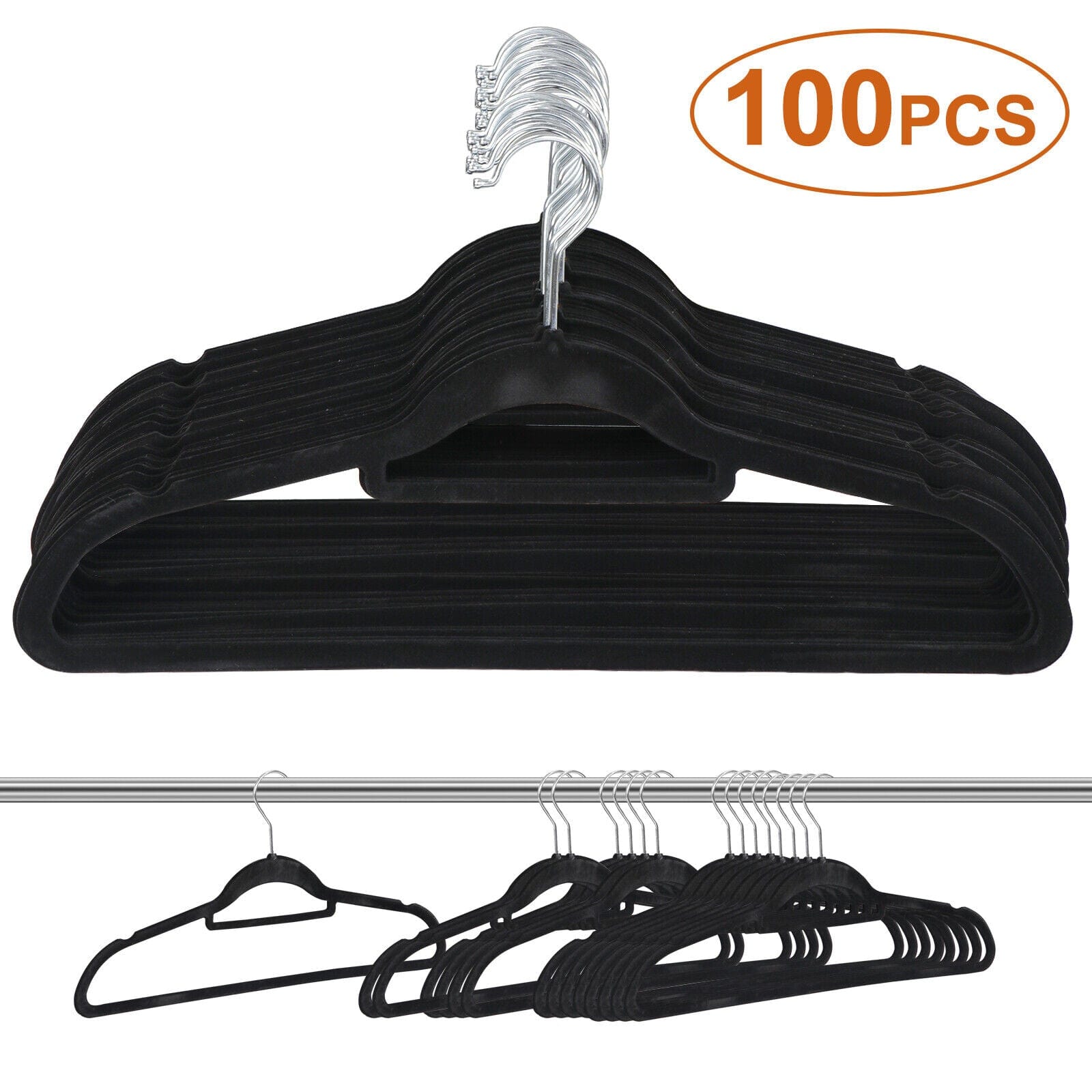 100 Pack Velvet Hangers Flocked Non-Slip Clothes Hangers 360° Swivel Hook Black ebasketonline