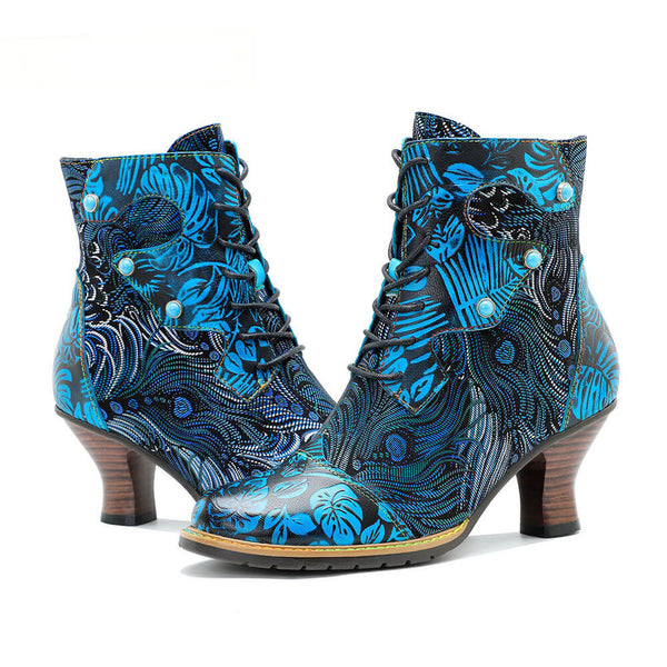 Blue Embossed Leather And Warm Brocade Comfy Ankle Boots