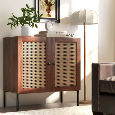 Kitchen Sideboard with 2 Rattan Doors and Adjustable Shelf-Walnut