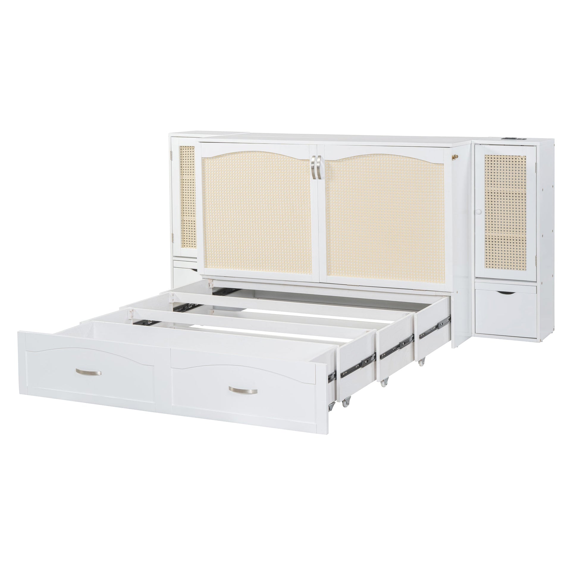 Large Murphy bed wall mounted bed with drawers, 2 storage cabinets, 1 set of sockets and USB ports, white