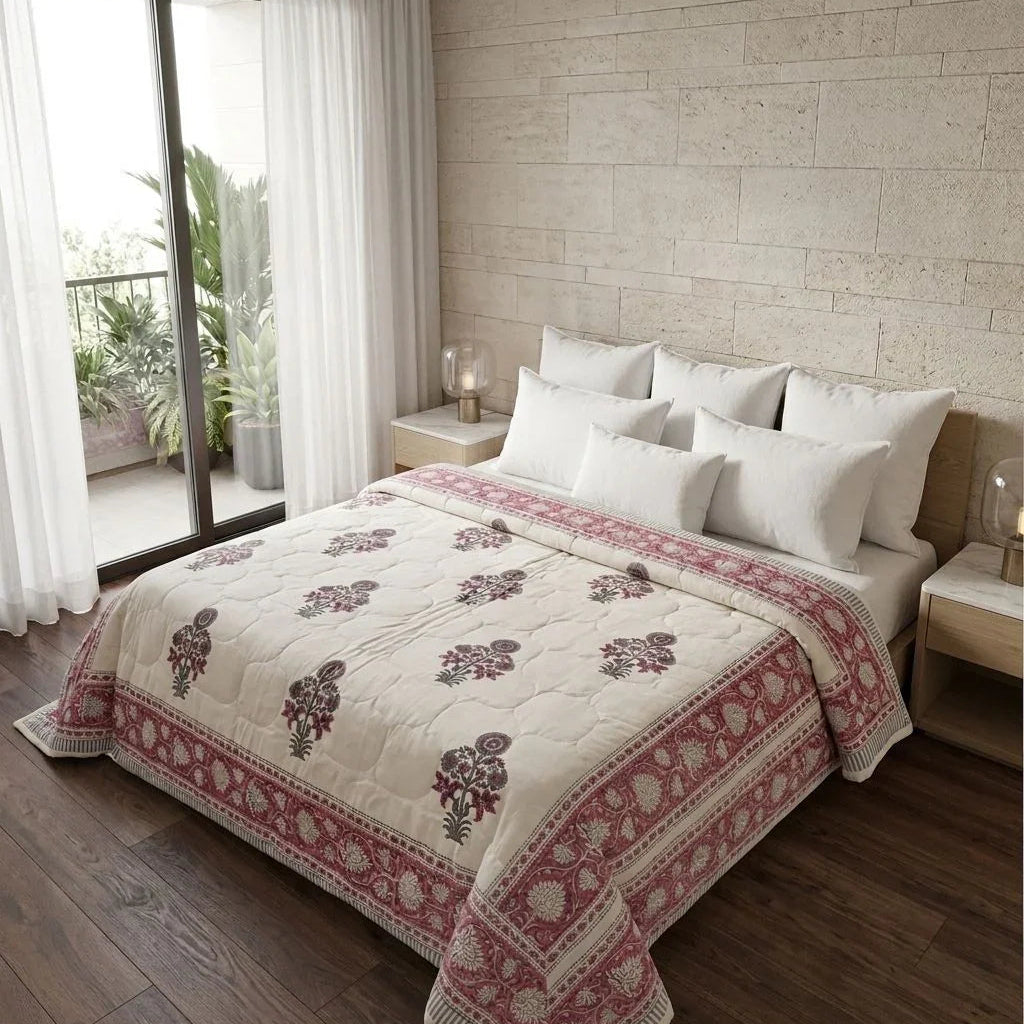 100% Cotton Muslin Reversible Comforter - Hypoallergenic Jaipur Hand Block Print