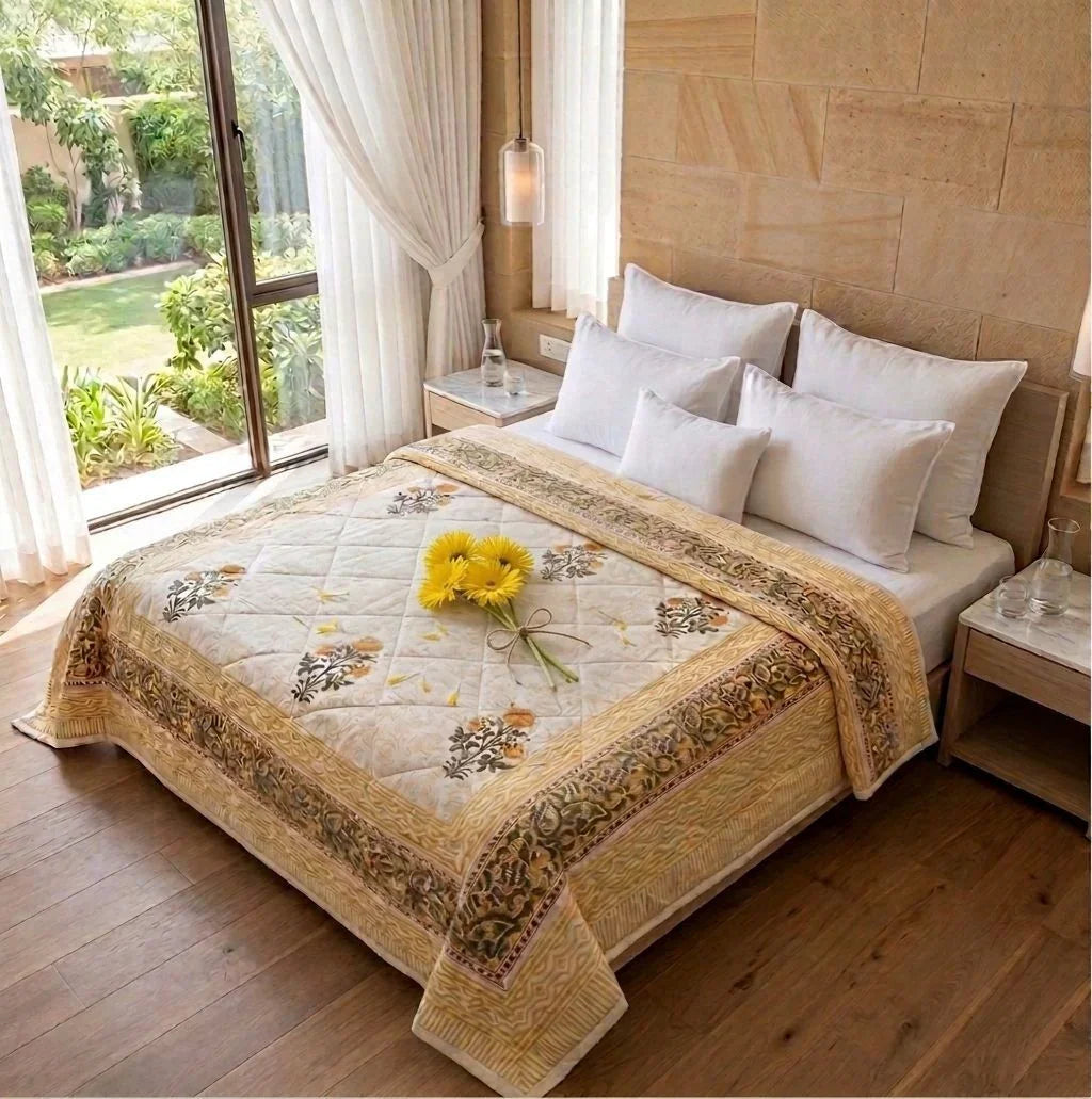 100% Cotton Muslin Reversible Comforter - Hypoallergenic Jaipur Hand Block Print