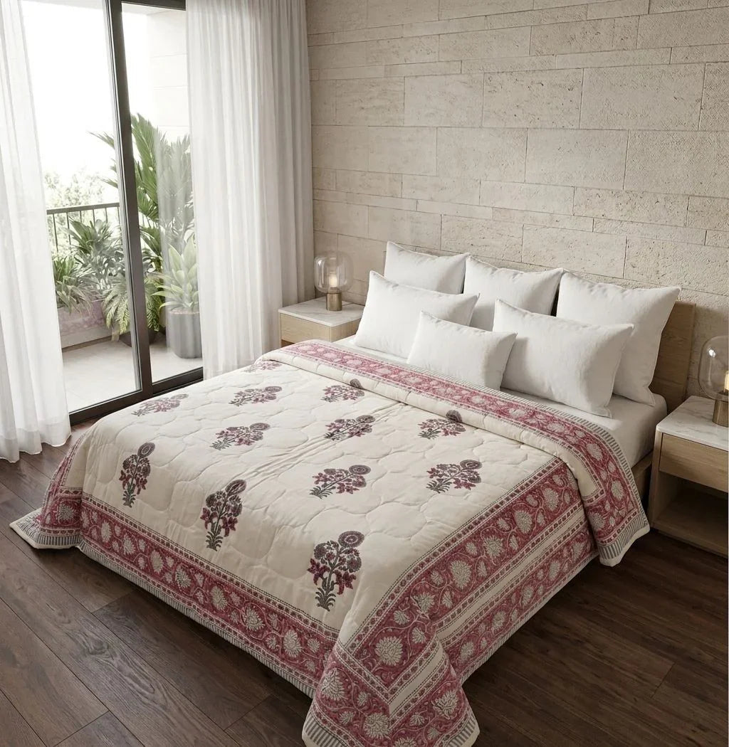 100% Cotton Muslin Reversible Comforter - Hypoallergenic Jaipur Hand Block Print