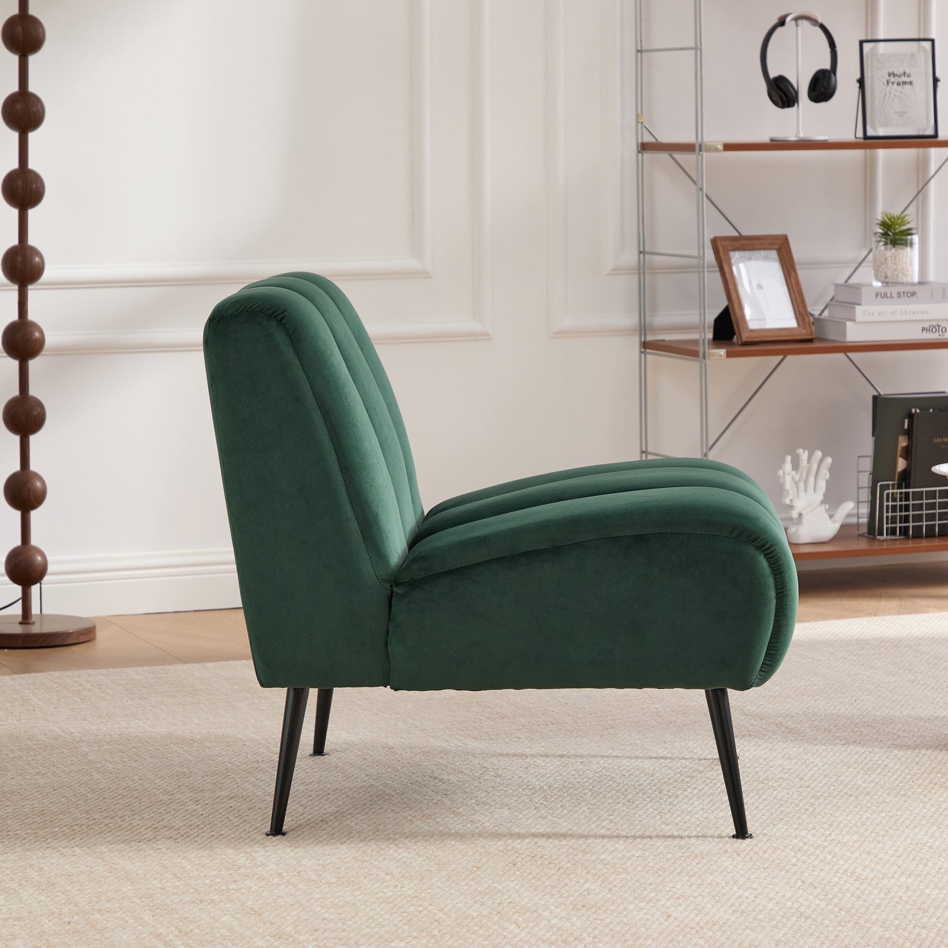 Modern Green Velvet Armless Accent Chair with Black Metal Legs