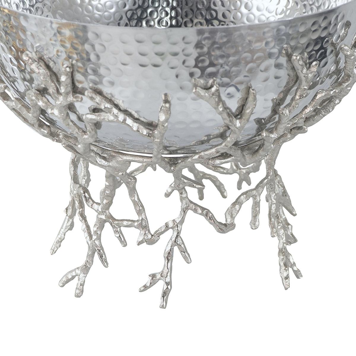 Silver Aluminum Decorative Pedestal Bowl with Sculptural Branch Base – Modern Centerpiece