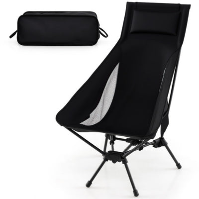 High Back Portable Camping Chair with Compact Carry Bag and Pillow-Black