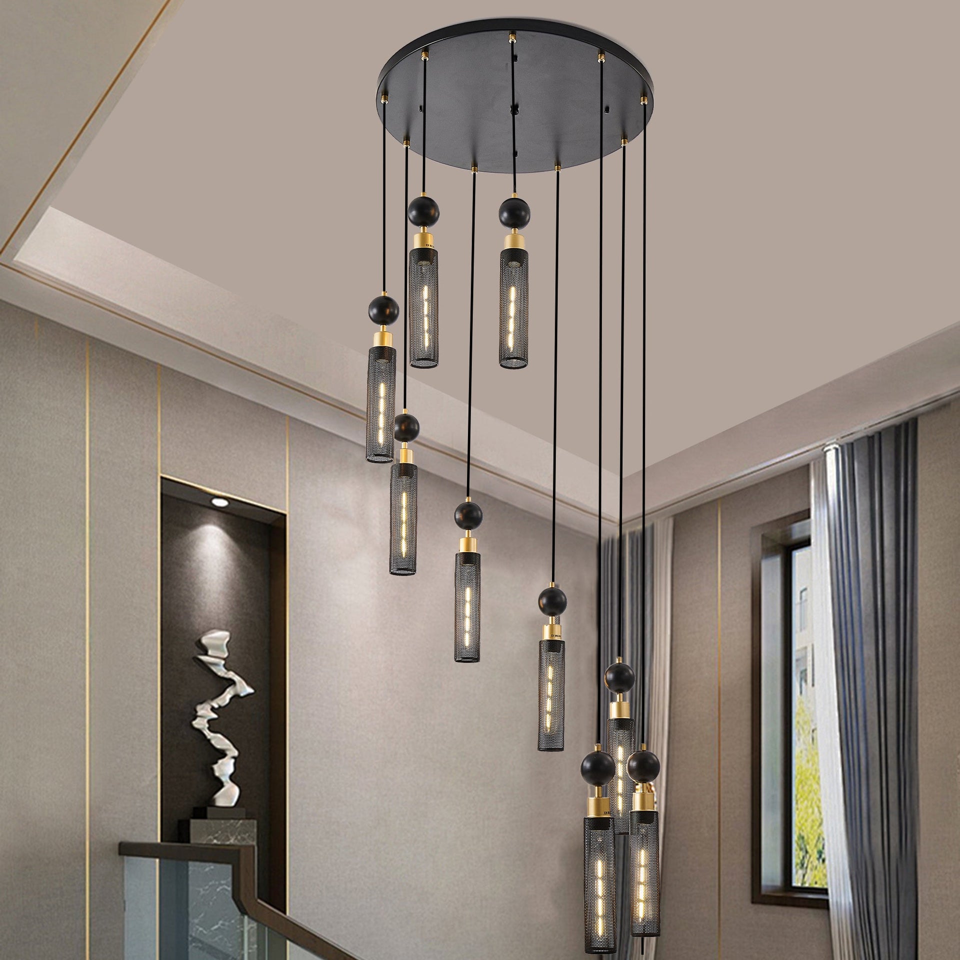 Modern Industrial Multi-Light Pendant Chandelier - 9-Light Black and Gold Adjustable Ceiling Light Fixture with Mesh Cylinder Shades for Living Room, Dining Room, or Staircase (Bulb Not Included)