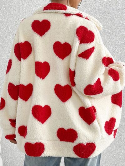 Cute Heart Zip Up Drop Shoulder Furry Jacket Cozy & Trendy Cold-Weather Essential Warm Soft Winter Jacket For Your Girl