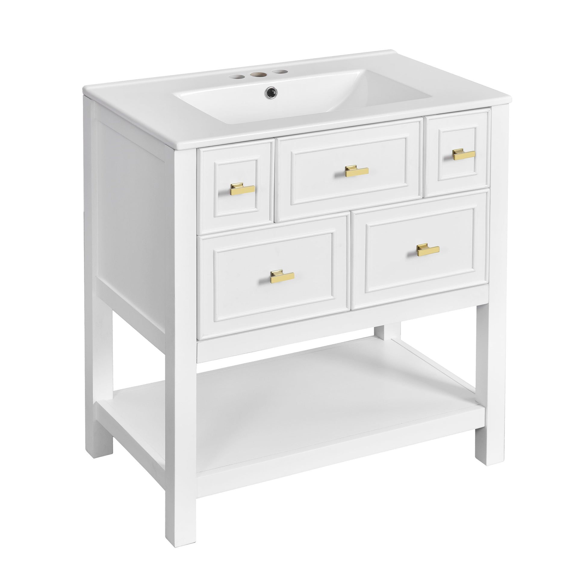 30'' Bathroom Vanity with Ceramic Sink Combo, Free Standing Single Vanity Set with 5 Drawers, Solid Wood Frame Bathroom Storage Cabinet, White