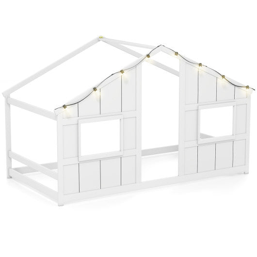 Twin Size House Bed with LED Lights Montessori Slat-free Floor Bed-White
