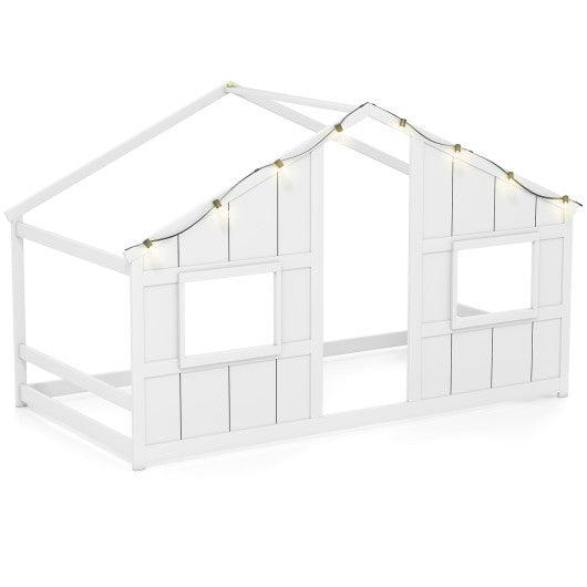 Twin Size House Bed with LED Lights Montessori Slat-free Floor Bed-White