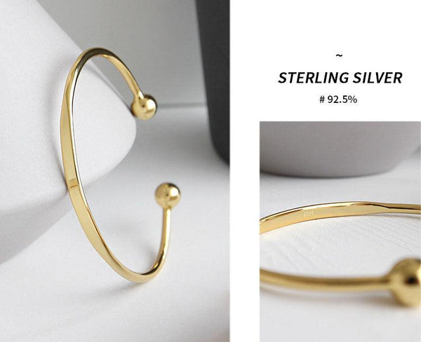 925 Sterling Silver Jewelry Simple Cuff Bangle Bracelet With Beads Ends For Womens Gift