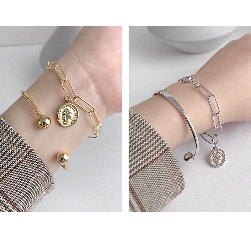 925 Sterling Silver Jewelry Simple Cuff Bangle Bracelet With Beads Ends For Womens Gift