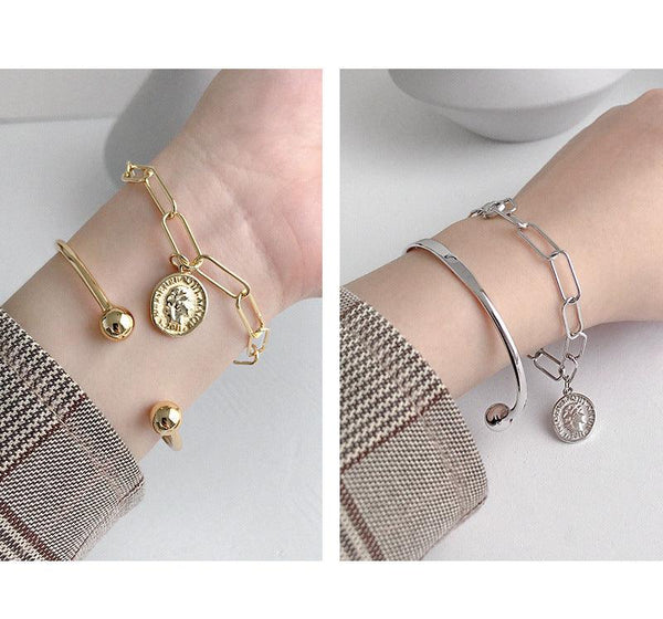 925 Sterling Silver Jewelry Simple Cuff Bangle Bracelet With Beads Ends For Womens Gift