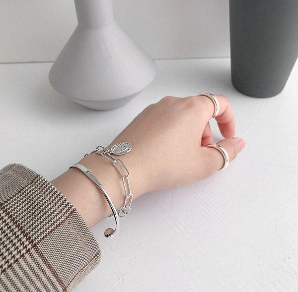 925 Sterling Silver Jewelry Simple Cuff Bangle Bracelet With Beads Ends For Womens Gift