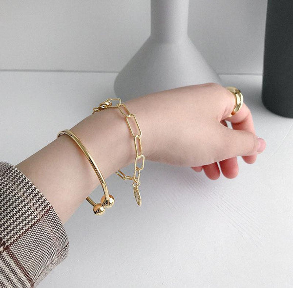 925 Sterling Silver Jewelry Simple Cuff Bangle Bracelet With Beads Ends For Womens Gift