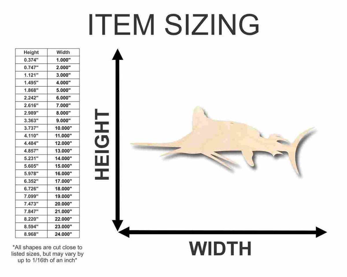 Unfinished Wood Marlin Shape - Swordfish - Ocean - Fishing - Craft - up to 46