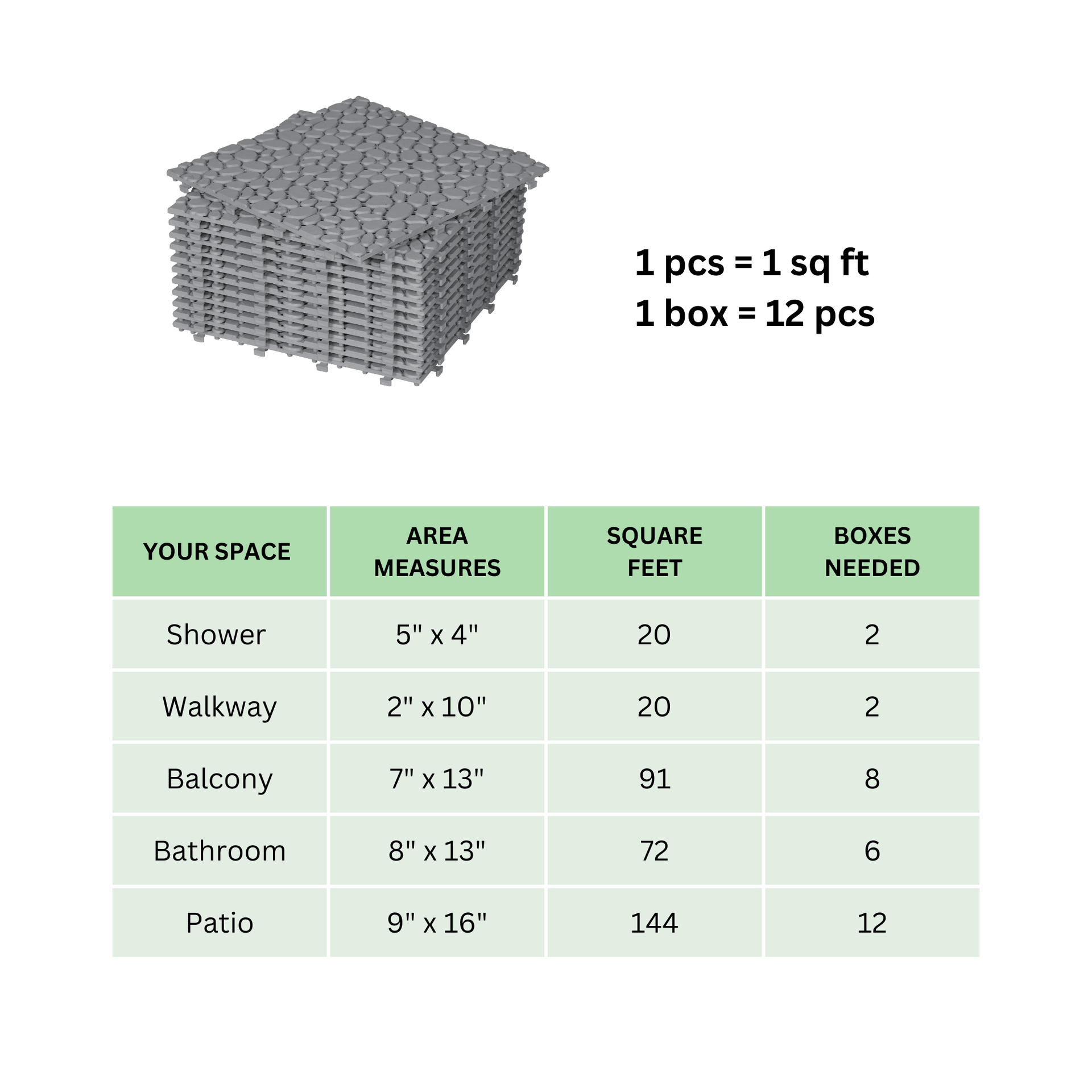 12 x 12 inch gray interlocking deck tiles, plastic waterproof pebble pattern, pack of 12 pieces