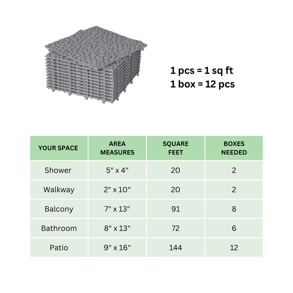 12 x 12 inch gray interlocking deck tiles, plastic waterproof pebble pattern, pack of 12 pieces