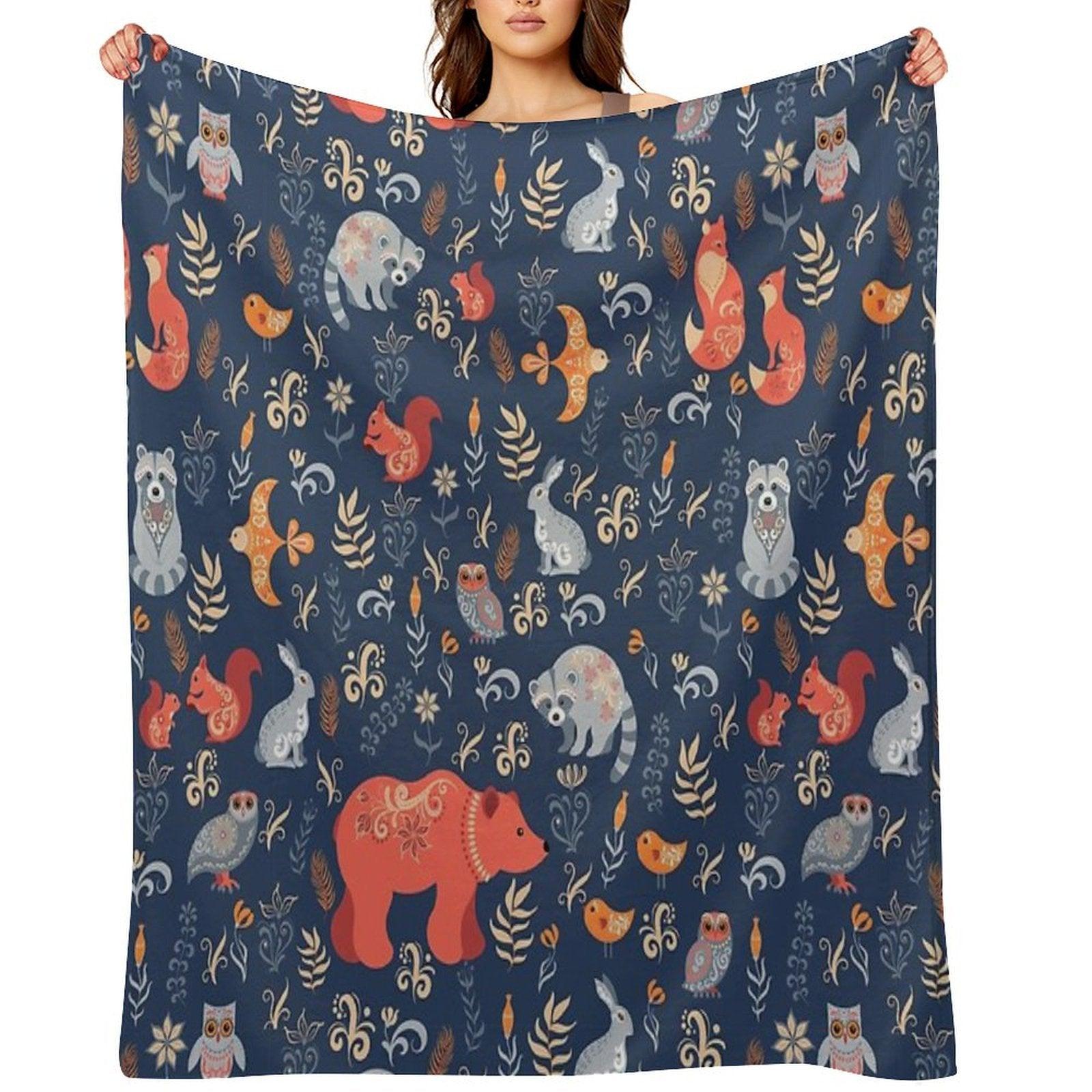 Fairy-tale Forest. Fox, Bear, Raccoon, Owls, Rabbits, Flowers And Herbs on A Blue Background. Throw Blanket