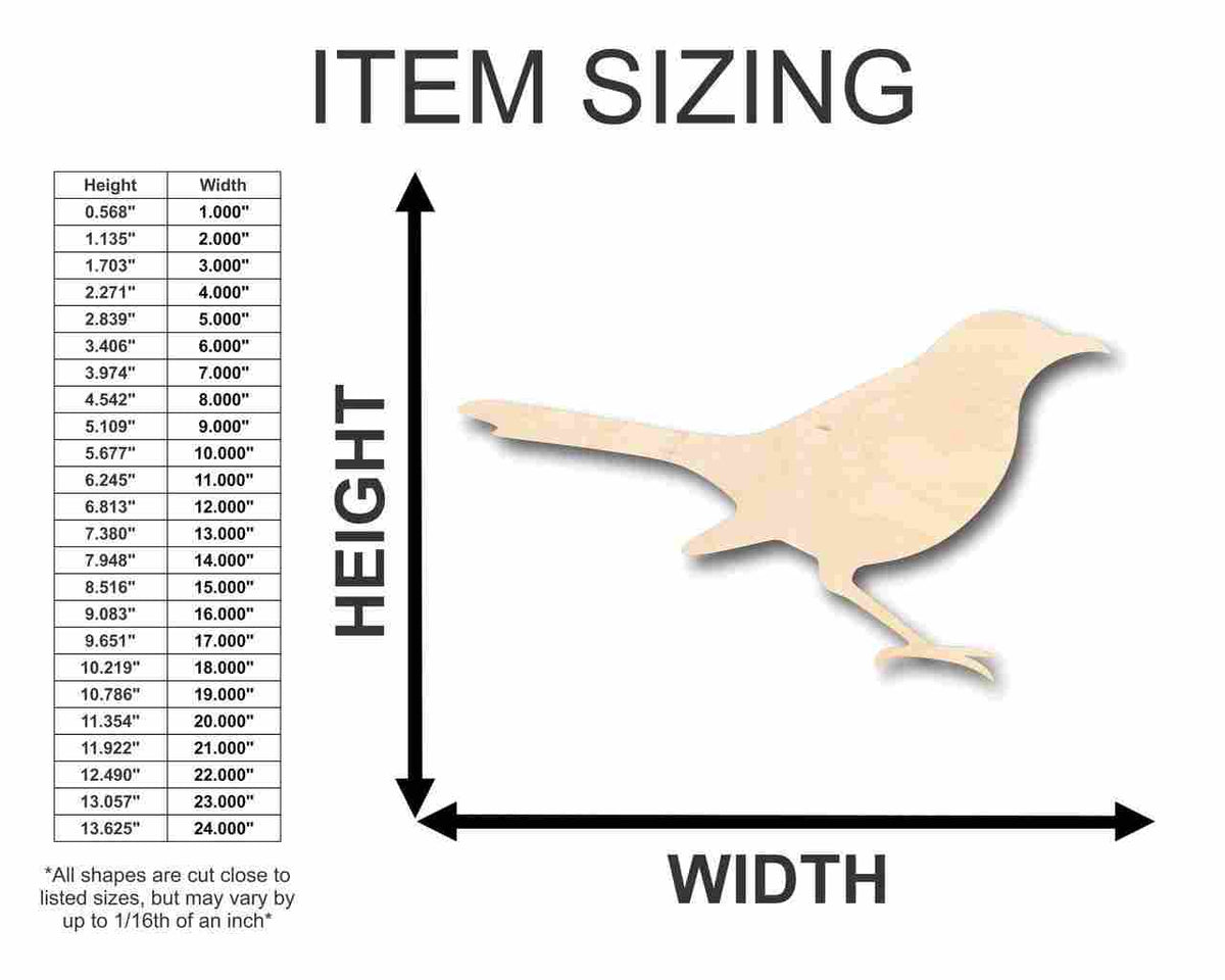 Unfinished Wood Mockingbird Shape - Bird - Wildlife - Craft - up to 46