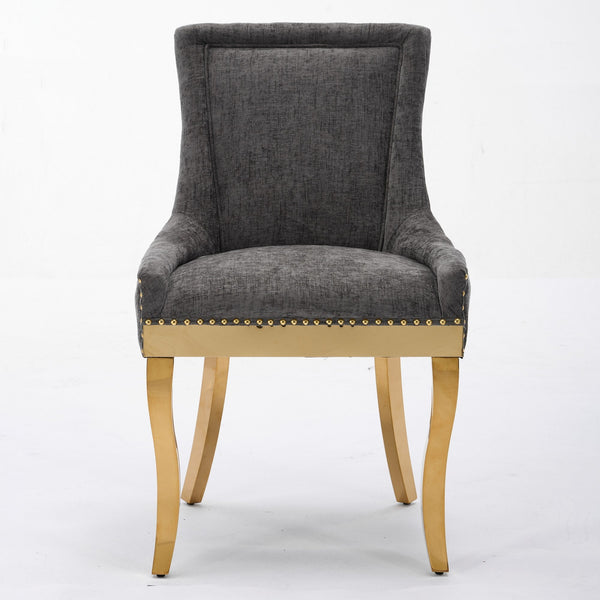 Chenille Dining Chairs Modern Style with Curved Gold-Plated Legs & Rivet Trim