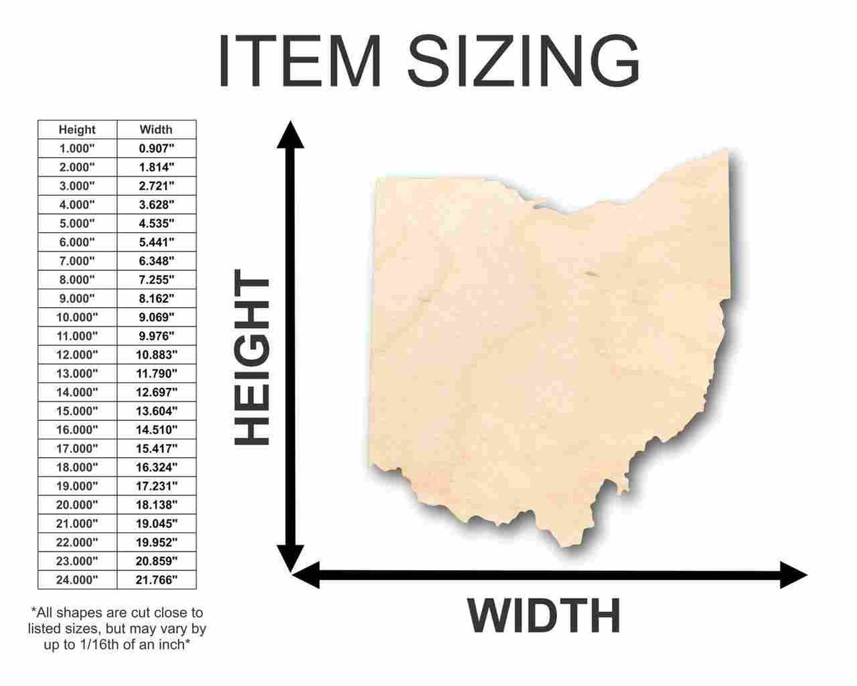 Unfinished Wood Ohio Shape - State - Craft - up to 46
