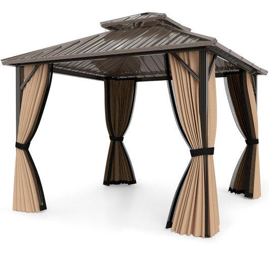 10 x 10 Feet Hardtop Gazebo with Netting and Curtain and Double-Roof Galvanized Metal Top