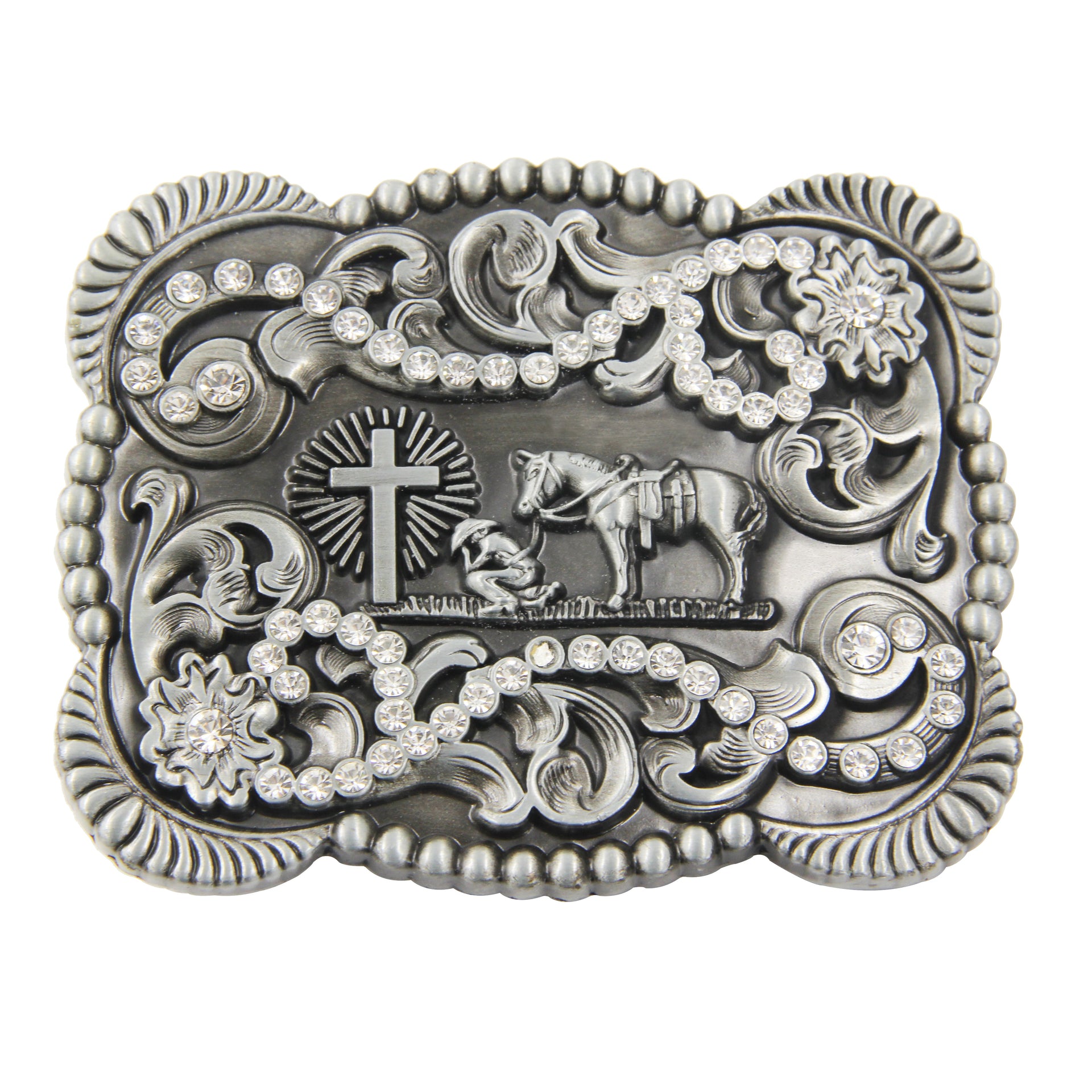 TOPACC 3D Rectangle Western Cowboy Horse Prayer Cross Belt Buckle Black Gold/Bronze