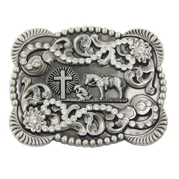 TOPACC 3D Rectangle Western Cowboy Horse Prayer Cross Belt Buckle Black Gold/Bronze - Gifts for You 'n Me