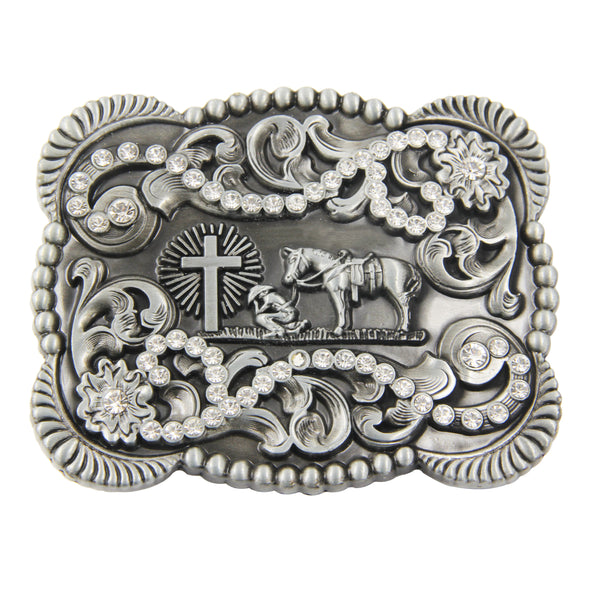 TOPACC 3D Rectangle Western Cowboy Horse Prayer Cross Belt Buckle Black Gold/Bronze