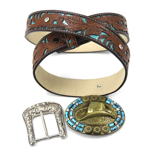 TOPACC Western Turquoise Belts - Cowboy Hat Belt Buckle Copper/Bronze - Gifts for You 'n Me