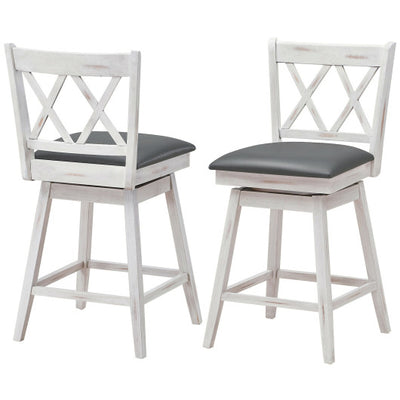2 Pieces 24 Inch Swivel Counter Height Barstool Set with Rubber Wood Legs-White