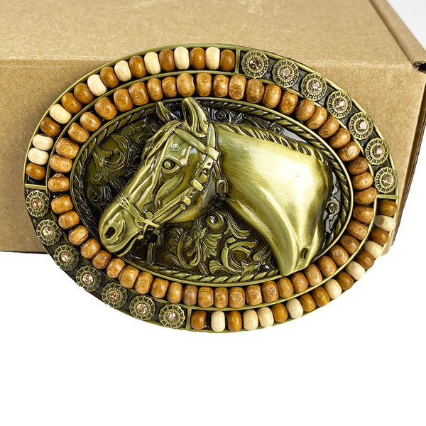 TOPACC Western Oval Wood Beads Horse Belt Buckle