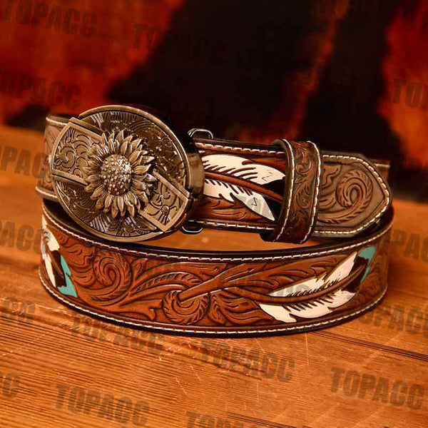 Waist 42-46 inch Western Leather Feather Belt - Block Buckle