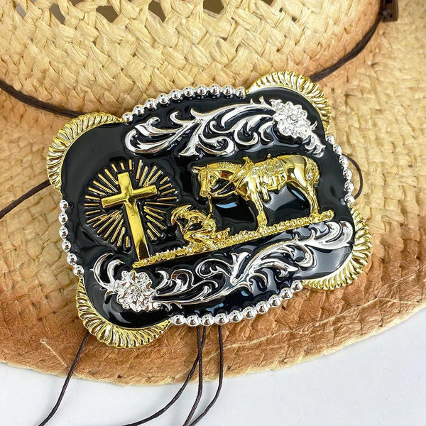 TOPACC 3D Rectangle Western Cowboy Horse Prayer Cross Belt Buckle Black Gold/Bronze - Gifts for You 'n Me