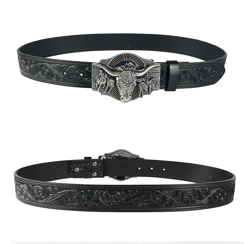TOPACC Black Genuine Leather Belt-Longhorn Cow Belt Buckle Horseback Riding Copper/Bronze