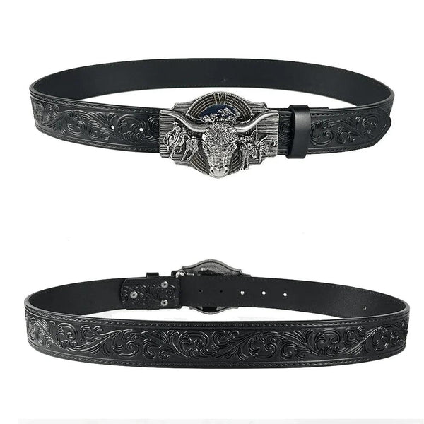 TOPACC Black Genuine Leather Belt-Longhorn Cow Belt Buckle Horseback Riding Copper/Bronze - Gifts for You 'n Me