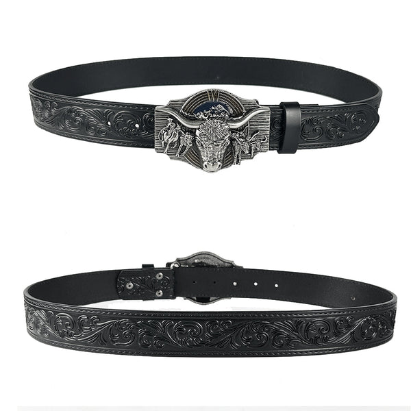 TOPACC Black Genuine Leather Belt-Longhorn Cow Belt Buckle Horseback Riding Copper/Bronze