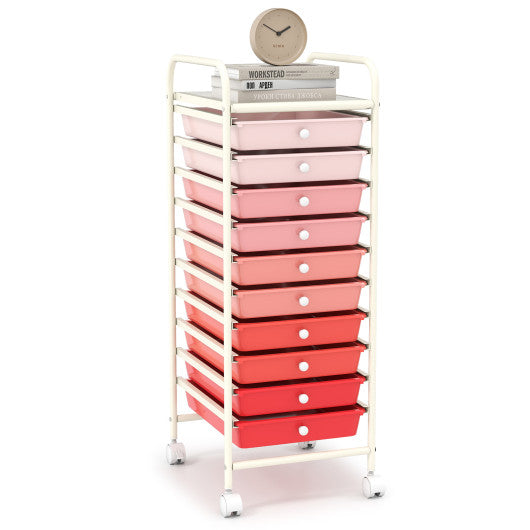 10 Drawer Rolling Storage Cart Organizer with 4 Universal Casters-Gradient Pink