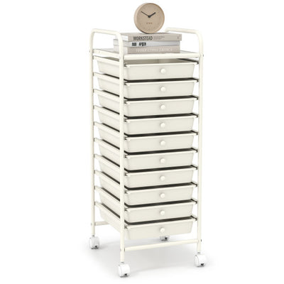 10 Drawer Rolling Storage Cart Organizer with 4 Universal Casters-White